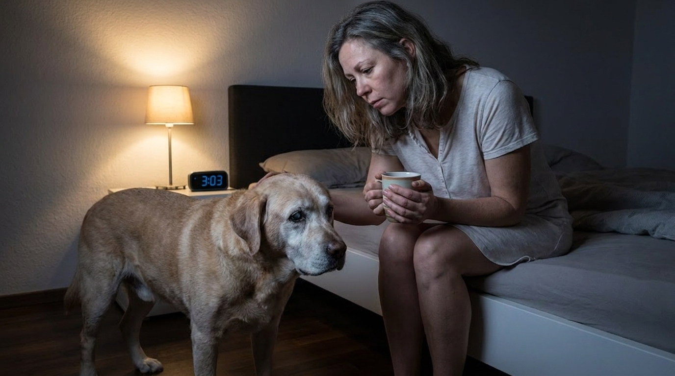 Besitzerin mit altem, nachts unruhigem Hund im Schlafzimmer