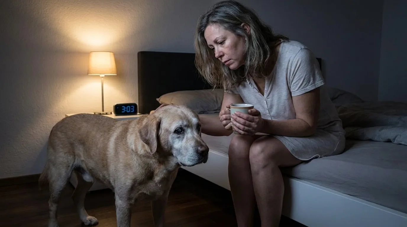 Besitzerin mit altem, nachts unruhigem Hund im Schlafzimmer