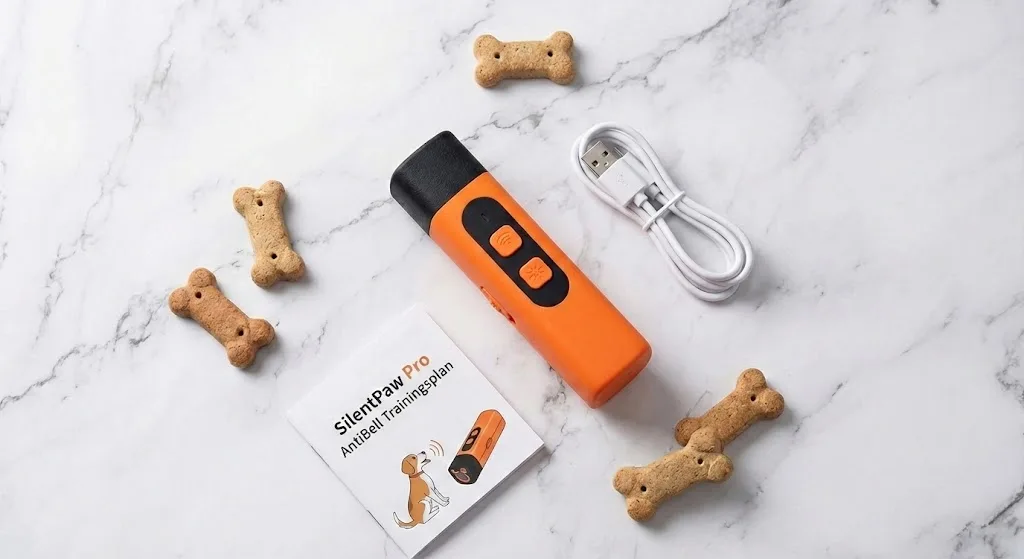 Produktfoto von oben: SilentPaw Pro, USB-Kabel und Trainingsplan