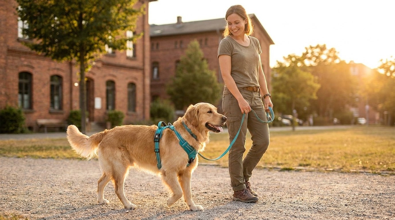 Glücklicher Hund mit TruePet Anti-Zug Hundegeschirr beim entspannten Spaziergang an lockerer Leine