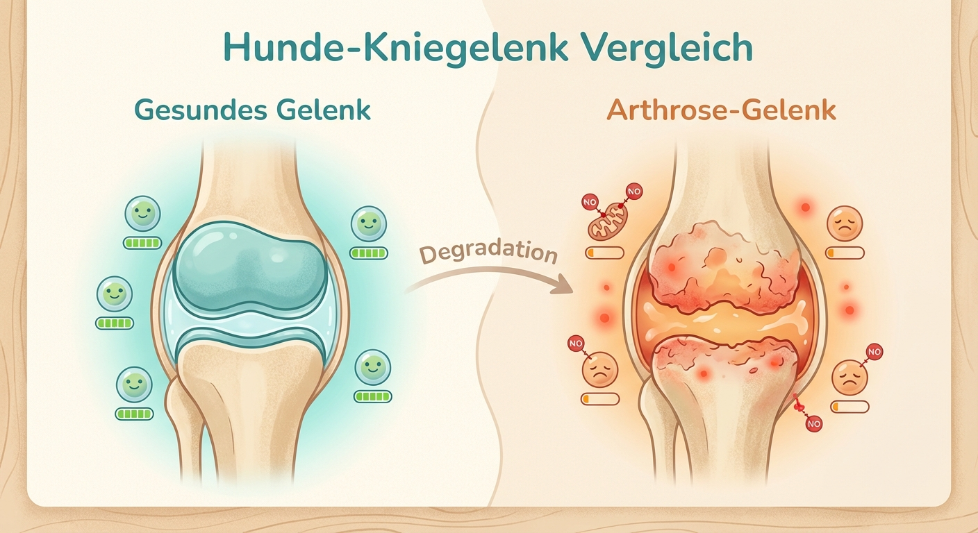 Infografik: Gesundes Gelenk vs. Arthrose-Gelenk — zelluläre Energieblockade