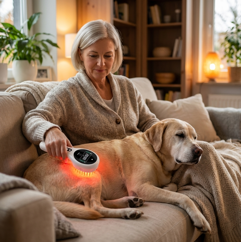 Frau behandelt ihren älteren Labrador mit dem VitalPaw Pro auf dem Sofa