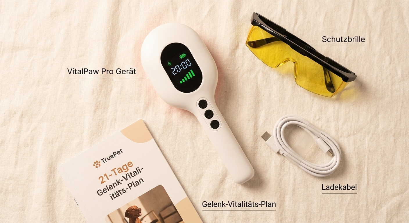 VitalPaw Pro Lieferumfang: Gerät, Schutzbrille, USB-Kabel und 21-Tage-Plan