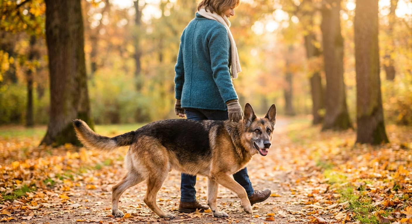 Glücklicher älterer Hund beim Spaziergang im warmen Abendlicht