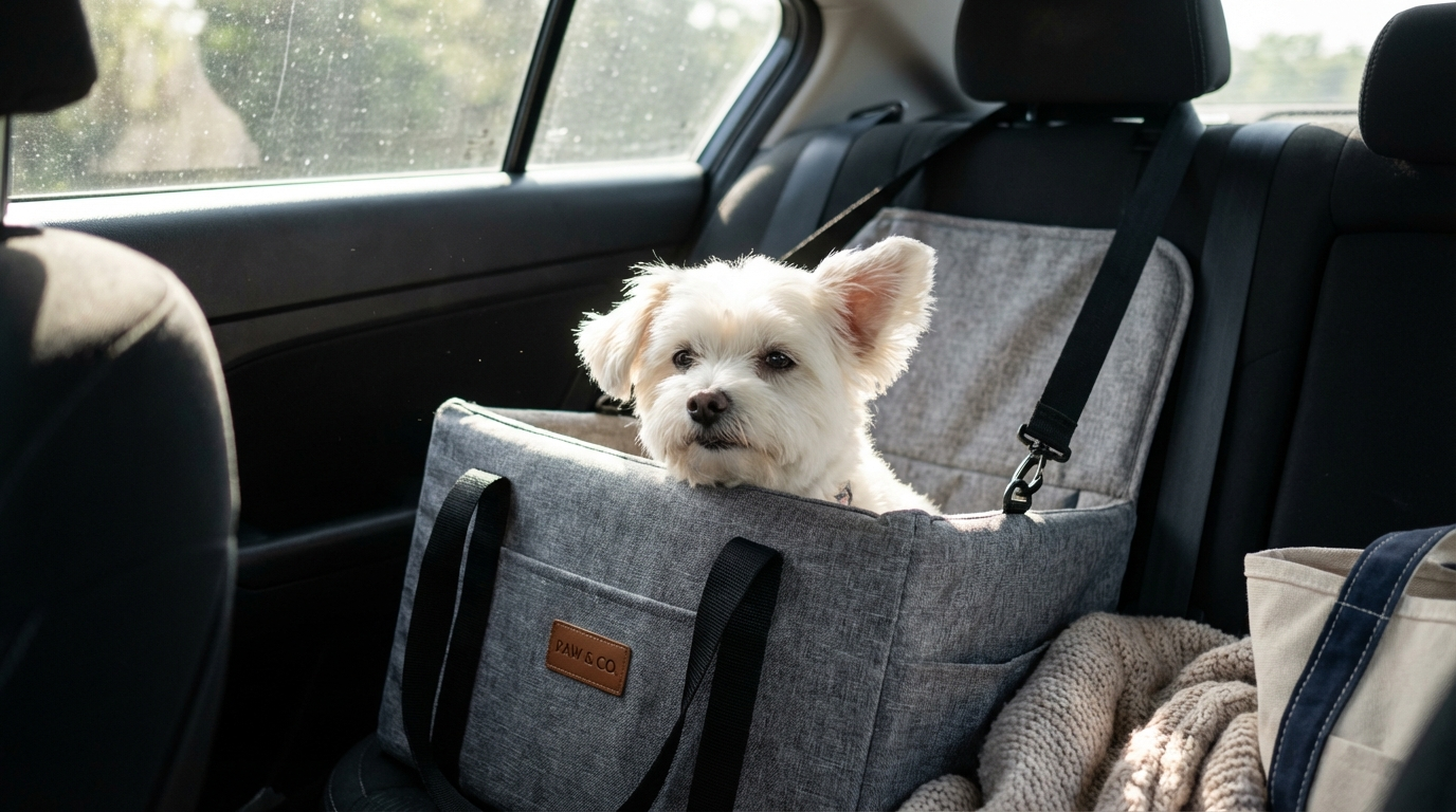 Kleiner Hund sitzt sicher im Hunde-Autositz