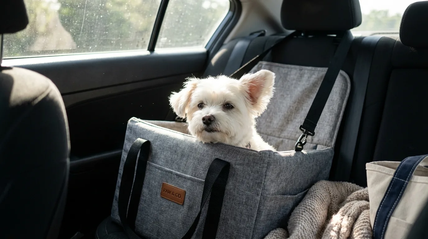 Kleiner Hund sitzt sicher im Hunde-Autositz