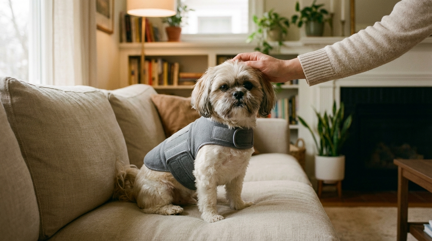 Hund tr&auml;gt Beruhigungsweste und liegt entspannt