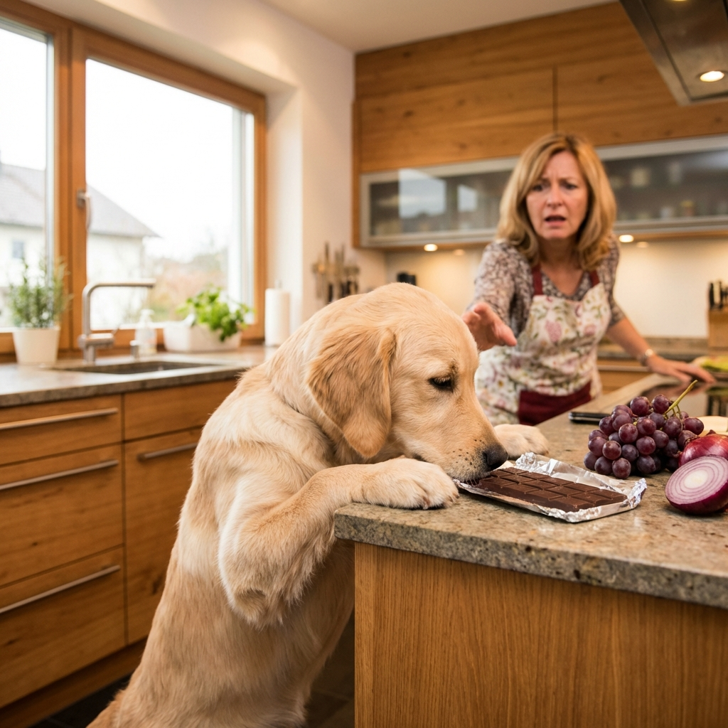 Hund schaut neugierig auf Lebensmittel auf der Küchentheke