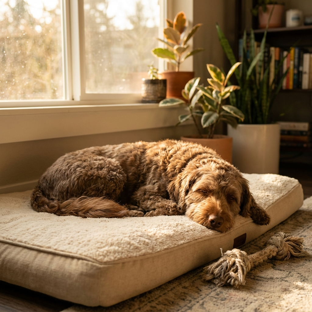 Entspannter Hund liegt alleine auf dem Sofa und ruht sich aus