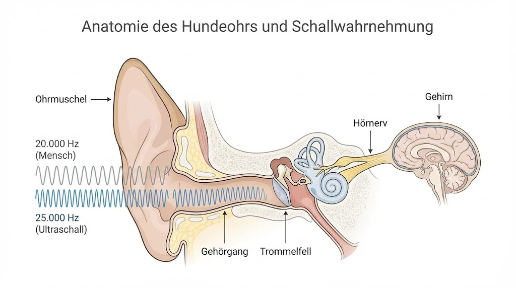 Wissenschaftliches Diagramm: Hundeohr-Anatomie und Schallwellen