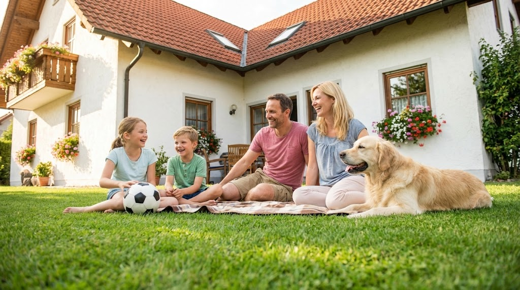Glückliche Familie mit ruhigem Hund im Garten