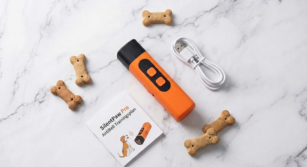 Produktfoto von oben: SilentPaw Pro, USB-Kabel und Trainingsplan