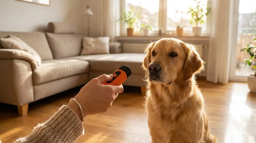Hand hält das SilentPaw Pro Gerät, aufmerksamer Hund im Hintergrund