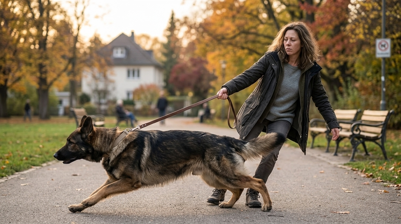 Hundebesitzerin wird von ihrem Hund an der Leine gezogen