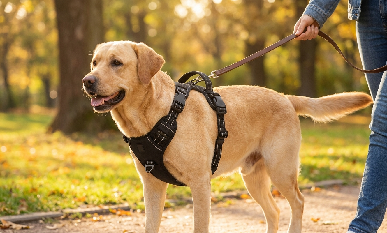 Hundebesitzerin mit entspanntem Hund im Anti-Zug Geschirr