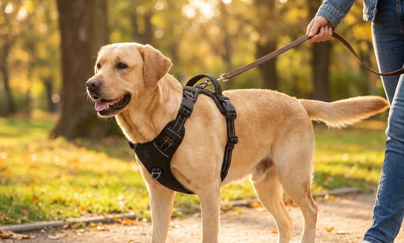 Hundebesitzerin mit entspanntem Hund im Anti-Zug Geschirr