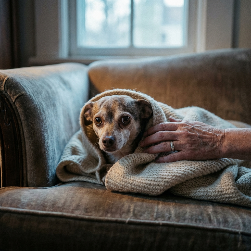 Kleiner Hund eingewickelt in Decke auf dem Sofa
