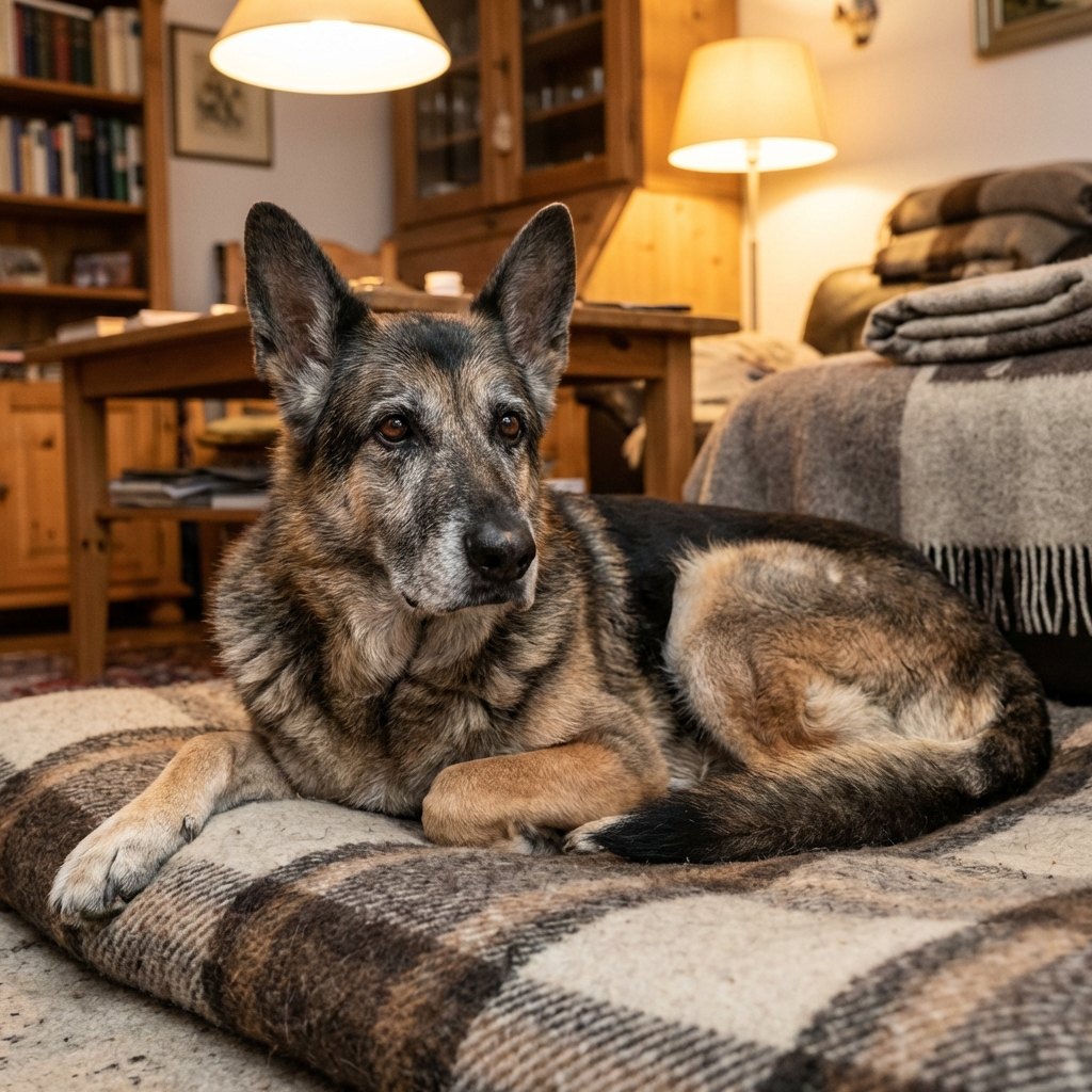 Aufmerksamer älterer Hund liegt auf einem Kissen und blickt ruhig in die Kamera