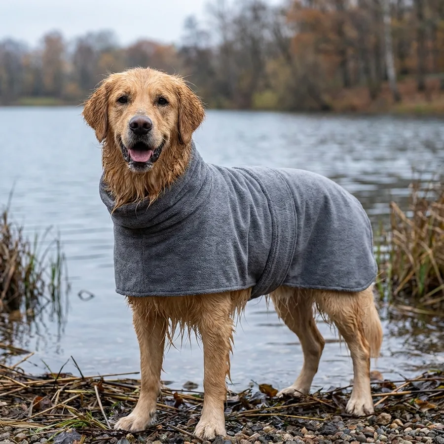 Hund im Mikrofaser-Bademantel mit Bauchgurt nach dem Gassi