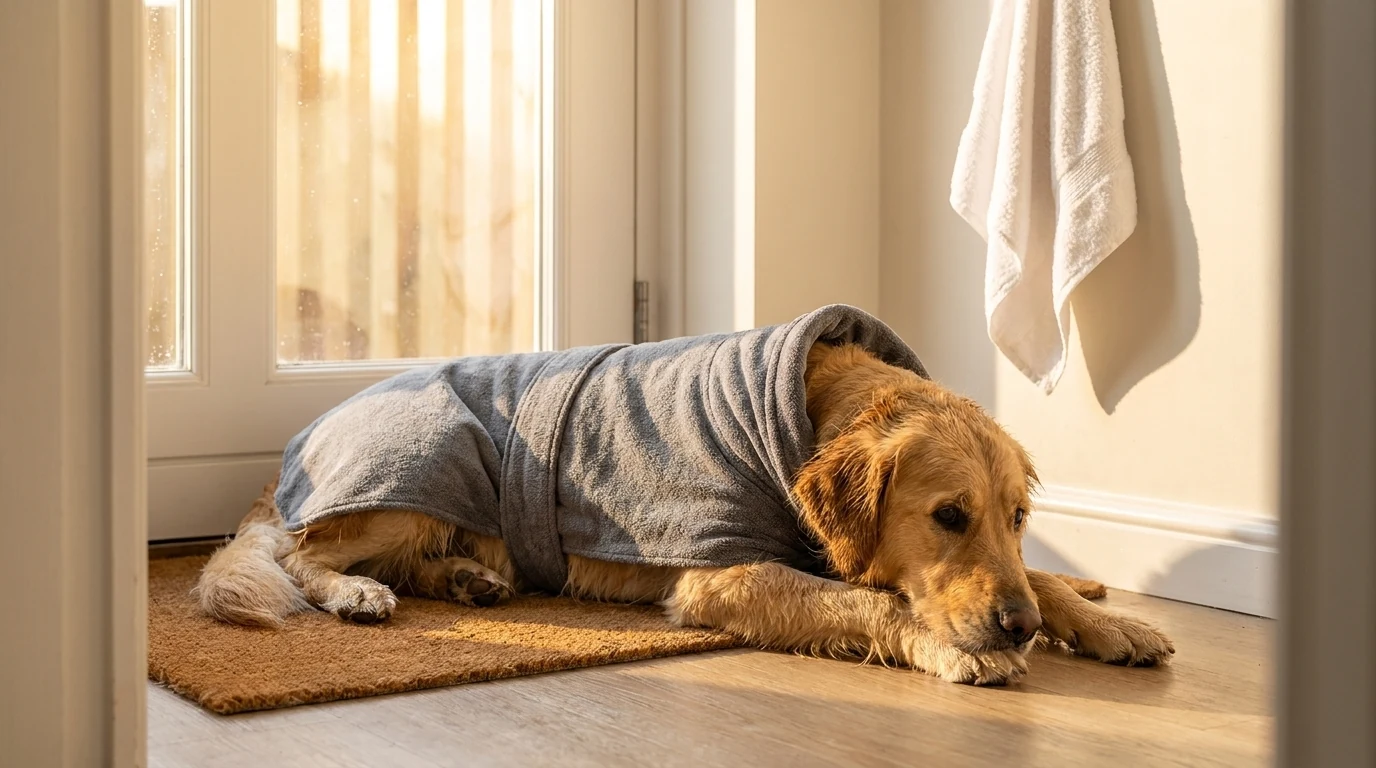 Hund im TruePet Bademantel trocknet im Flur