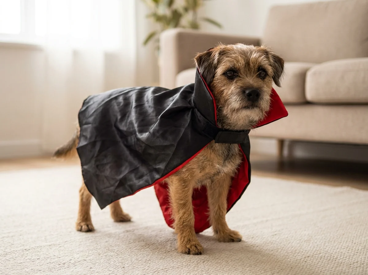 Neutrale Produktansicht: kleiner Hund in einem einfachen Halloween-Umhang aus Polyester, Kategorie-Illustration