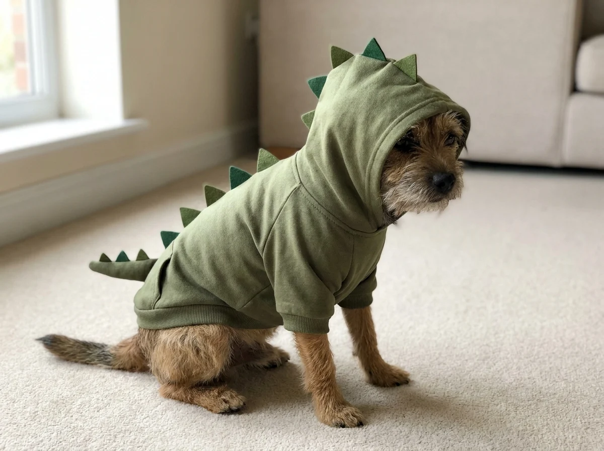 Neutrale Produktansicht: kleiner Hund in einem Dino-Kapuzenpullover aus Stoff mit flachen Zacken, Kategorie-Illustration