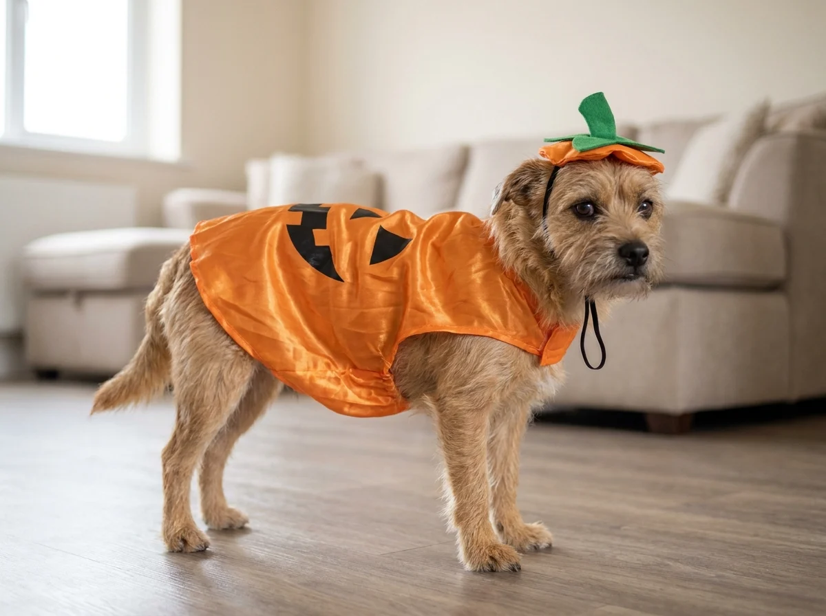 Neutrale Produktansicht: kleiner Hund in einem dünnen Polyester-Kostüm, Kategorie-Illustration