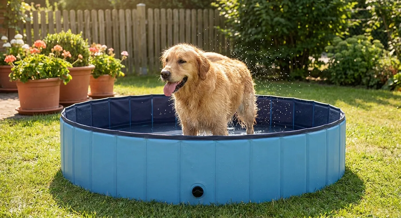 Hund pl&auml;tschert gl&uuml;cklich in einem faltbaren Hundepool im Garten