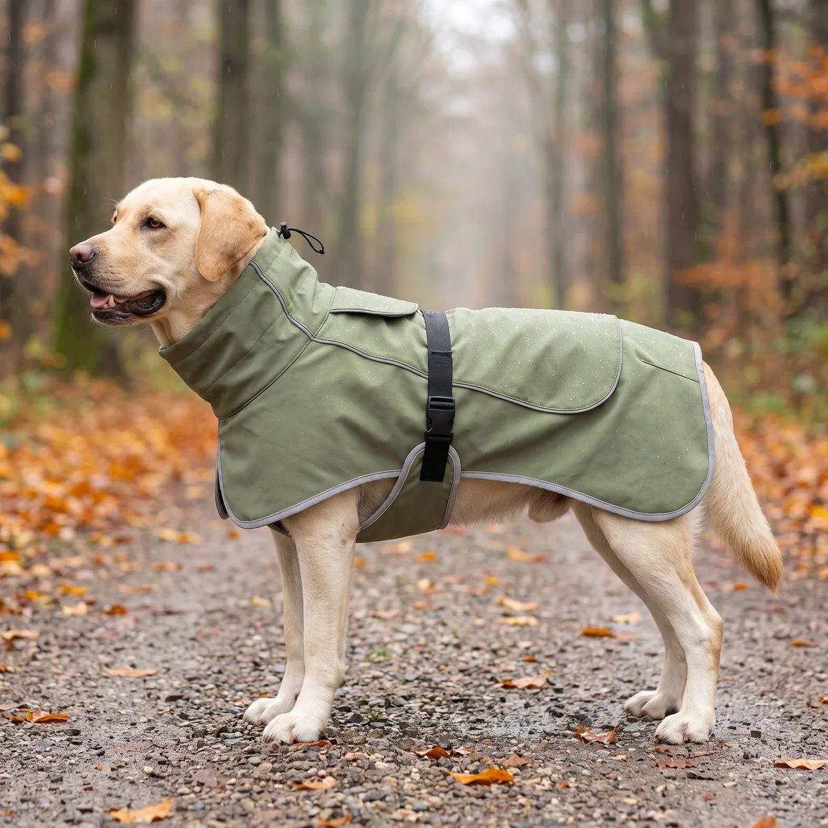 Hund im gef&uuml;tterten Mantel auf einem nassen Herbstweg
