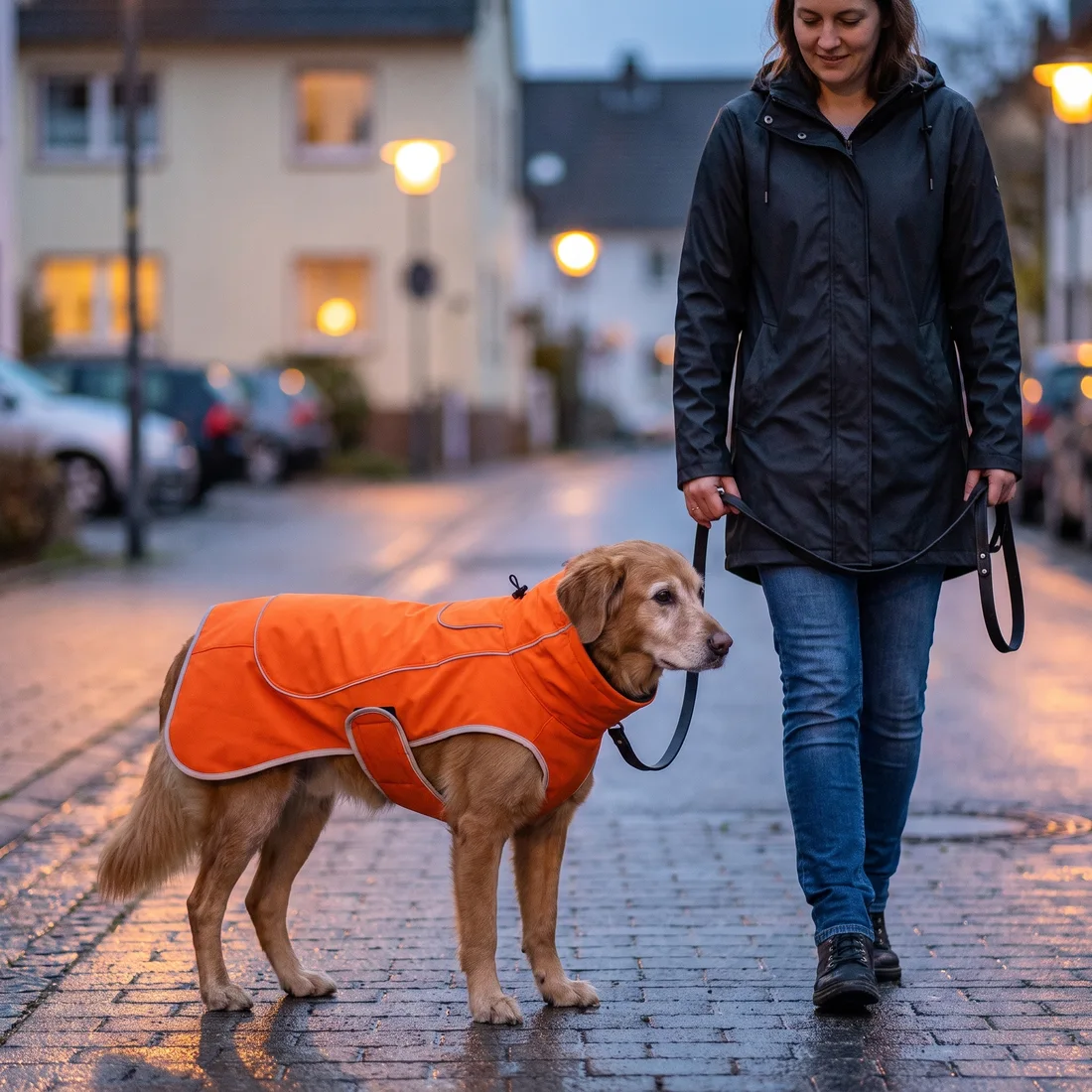 Abendrunde im Herbst: Hund im orangen TruePet Hundemantel mit reflektierenden Paspeln, warm gefüttert und trocken