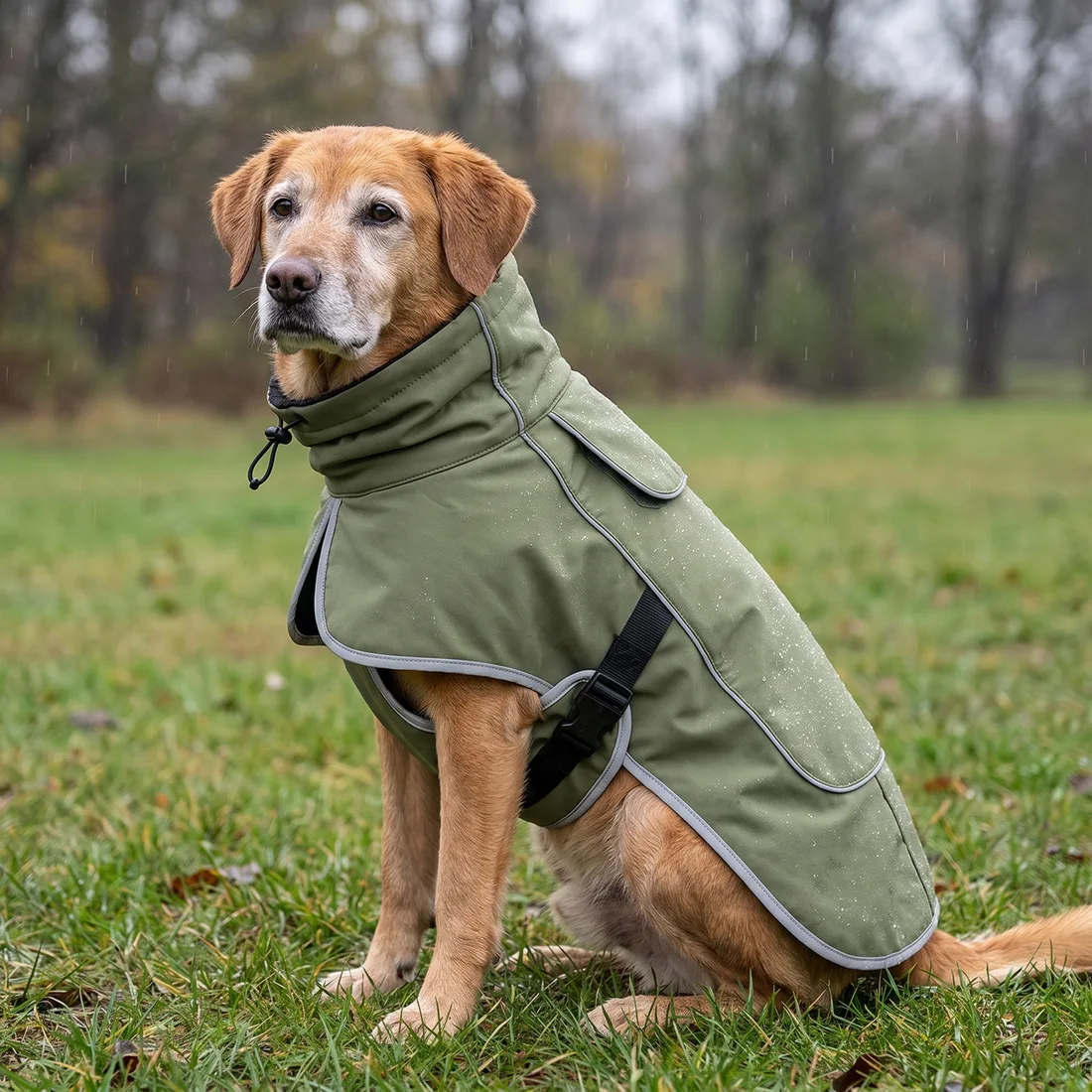 Hund sitzt entspannt im Nieselregen im TruePet Hundemantel, außen perlt das Wasser ab, innen bleibt das Fleece trocken