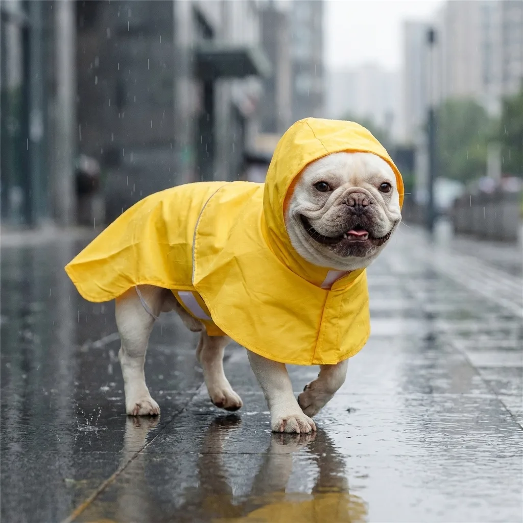 Franz&ouml;sische Bulldogge im gelben Regenmantel mit Kapuze auf regennasser Stra&szlig;e
