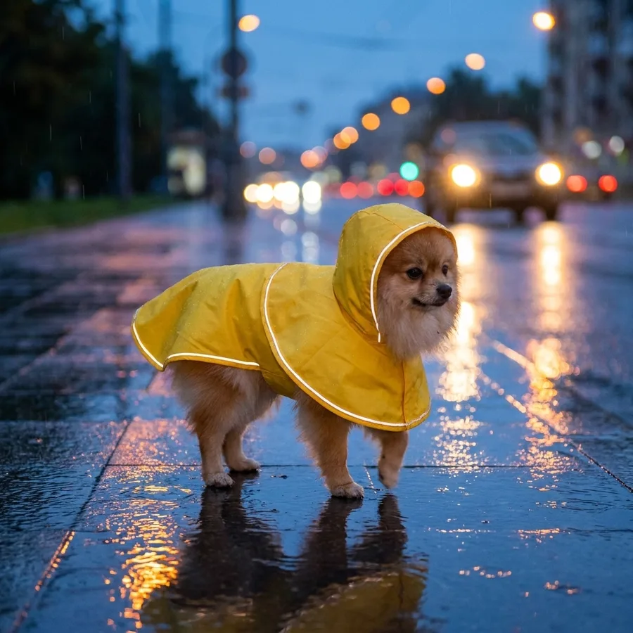 Kleiner Hund im gelben TruePet Regenmantel bei Dämmerung, Reflektoren leuchten im Scheinwerferlicht