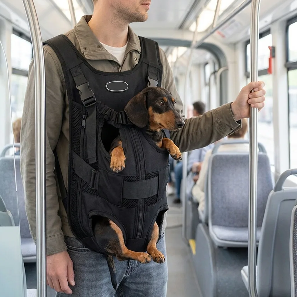 Kleiner Hund im Tragerucksack in der Bahn