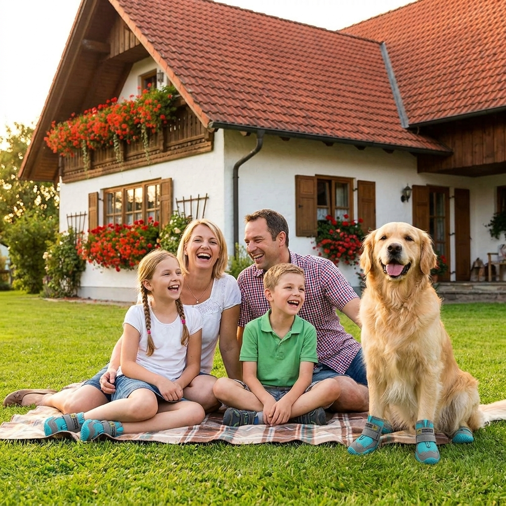 Entspannter Hund an lockerer Leine mit zufriedener Besitzerin