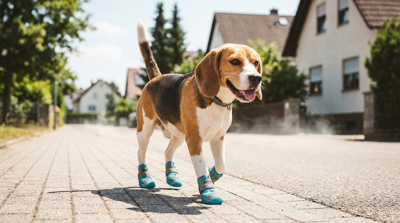 Golden Retriever mit TruePet Hundeschuhen auf sonnigem Bürgersteig