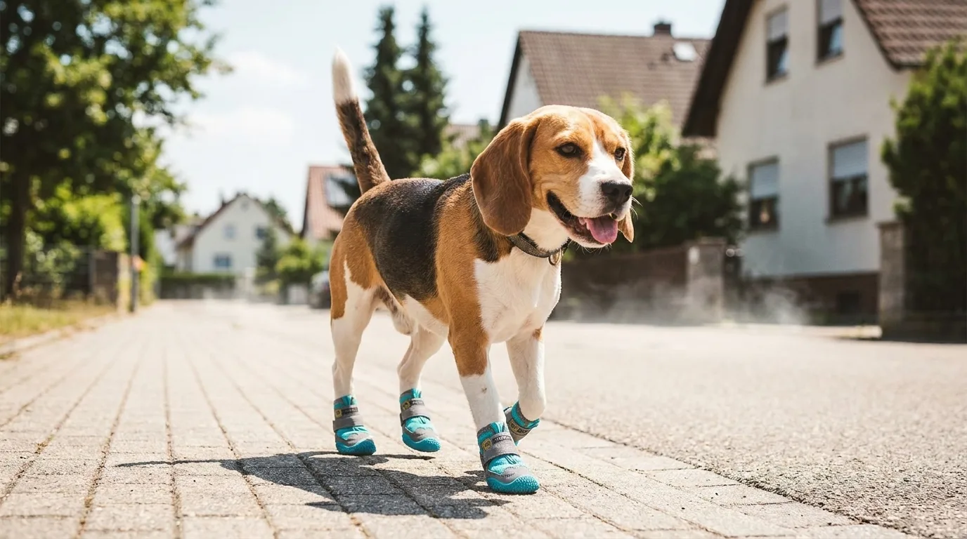 Hund mit Schutzschuhen l&auml;uft entspannt &uuml;bder hei&szlig;en Asphalt