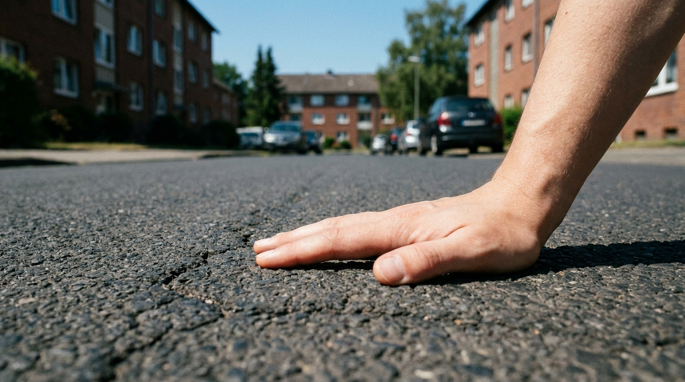 Handrücken auf sonnengeheizter Asphalt-Straße — die 7-Sekunden-Pfotentest-Regel
