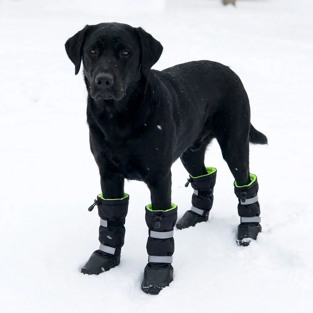 Labrador mit vier schwarzen Winterstiefeln im Schnee