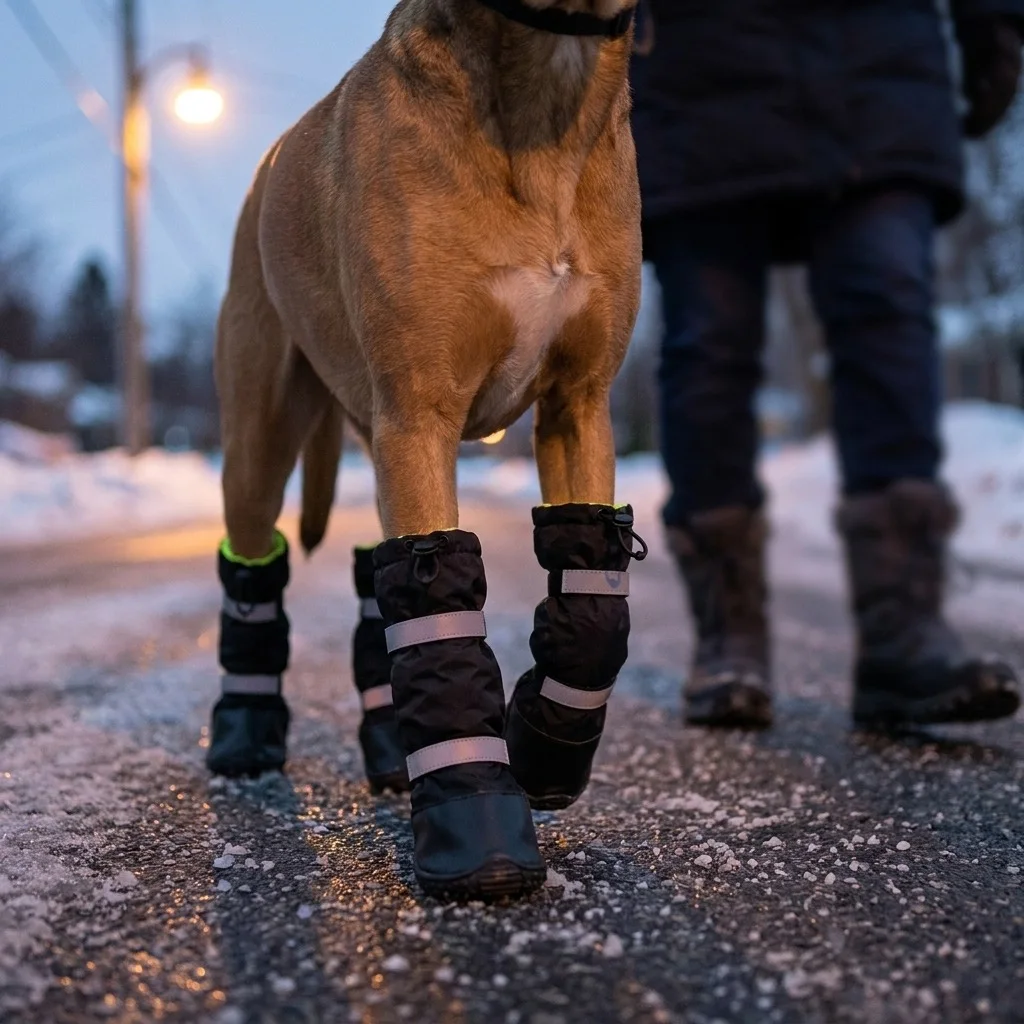 Hund läuft mit TruePet Winterstiefeln neben seinem Halter auf gestreuter Winterstraße