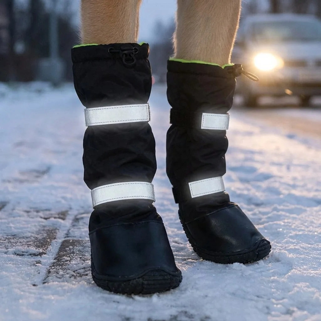 Reflexstreifen der TruePet Winterstiefel leuchten in der Dämmerung im Scheinwerferlicht