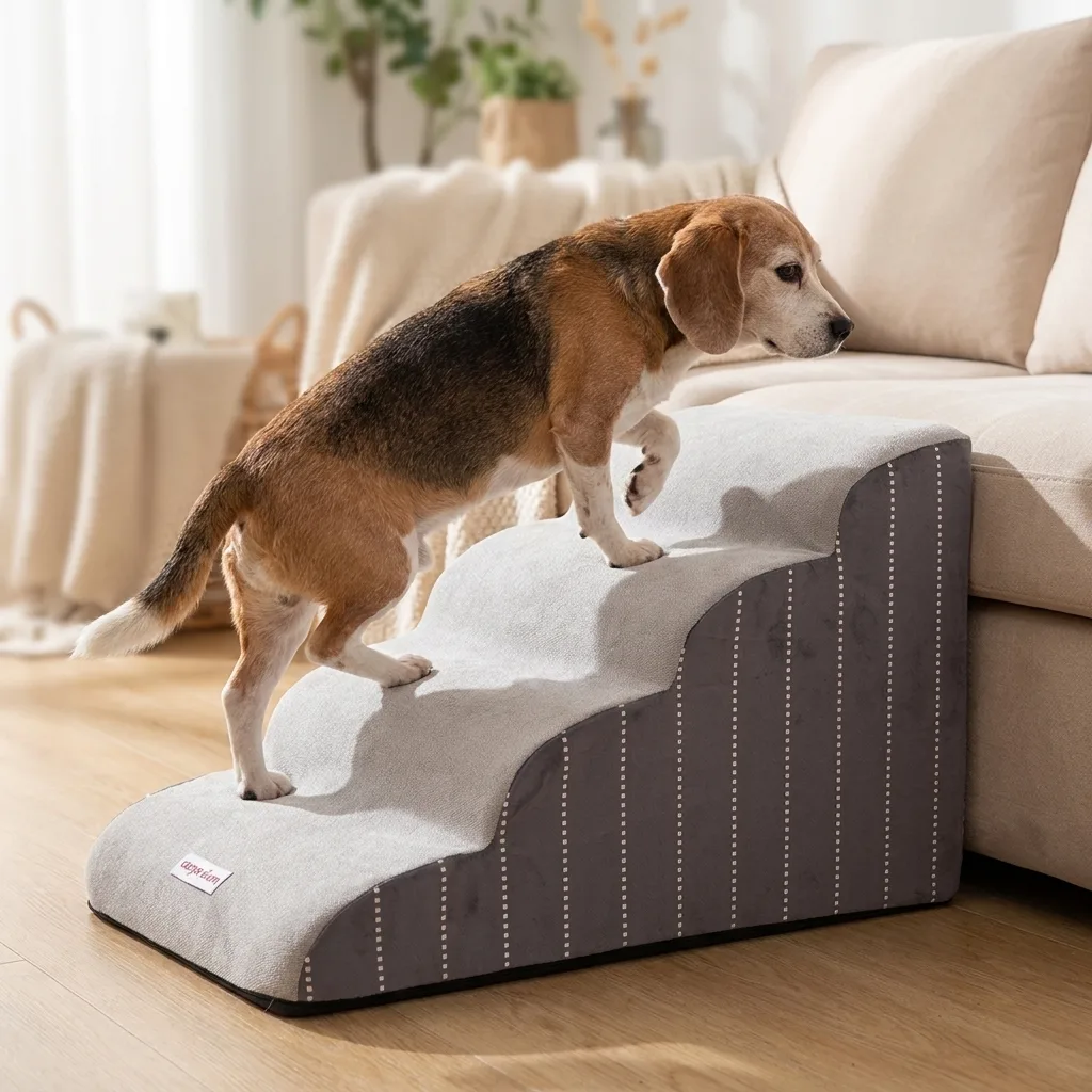 Senior-Hund klettert sicher auf Sofa &uuml;ber Hundetreppe