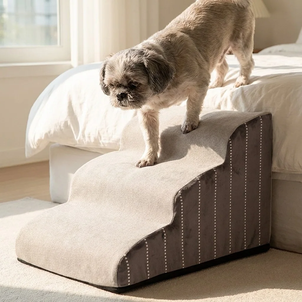 Älterer Hund steigt über die TruePet Wellen-Treppe sicher vom Bett