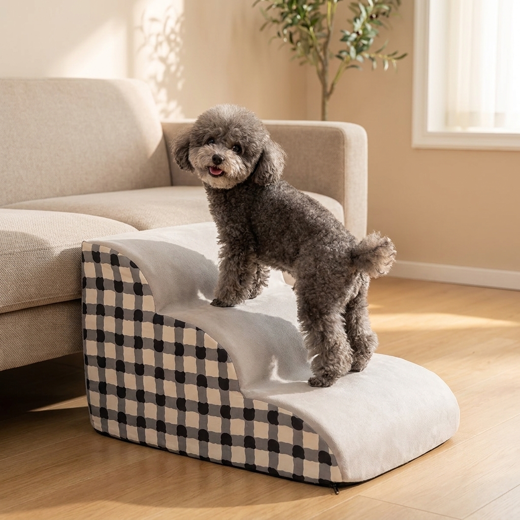 Toy Poodle benutzt TruePet Hundetreppe vor dem Sofa