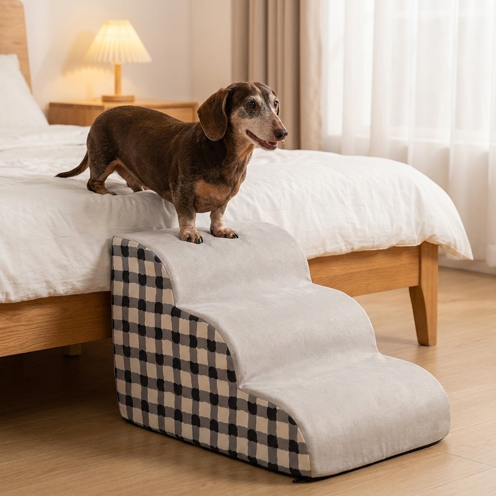 Senior-Dackel auf TruePet Hundetreppe vor dem Bett