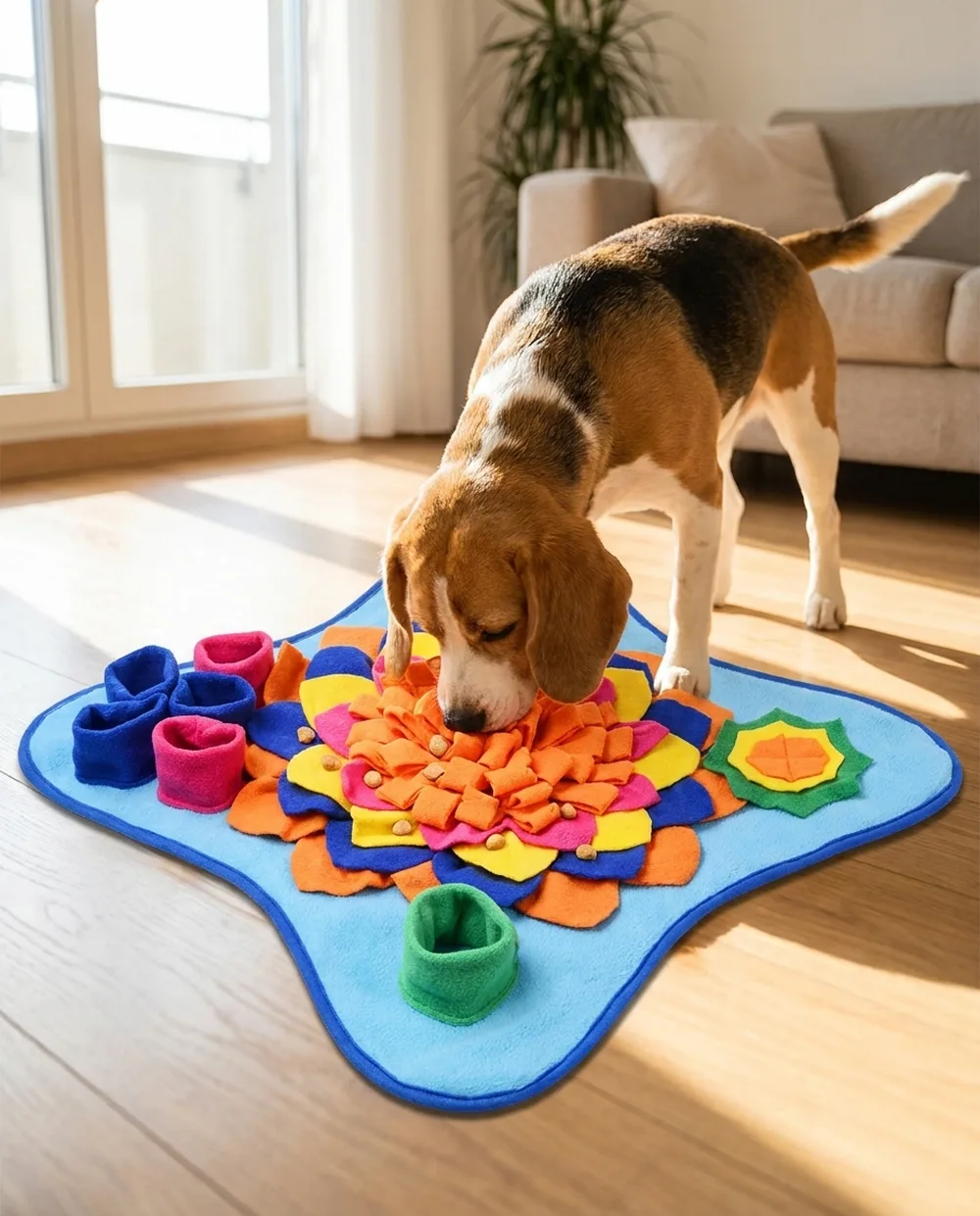 Beagle sucht konzentriert Leckerli in einer Schn&uuml;ffelmatte