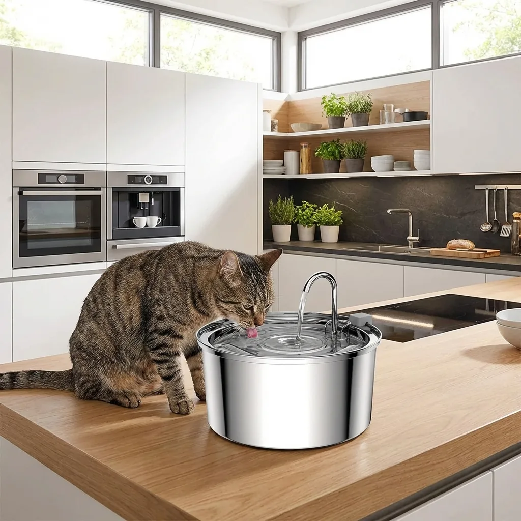 Edelstahl-Trinkbrunnen fuer Katzen