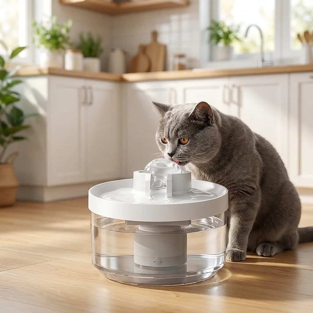 Katze trinkt aus kabellosem Katzenbrunnen mit Radar-Sensor