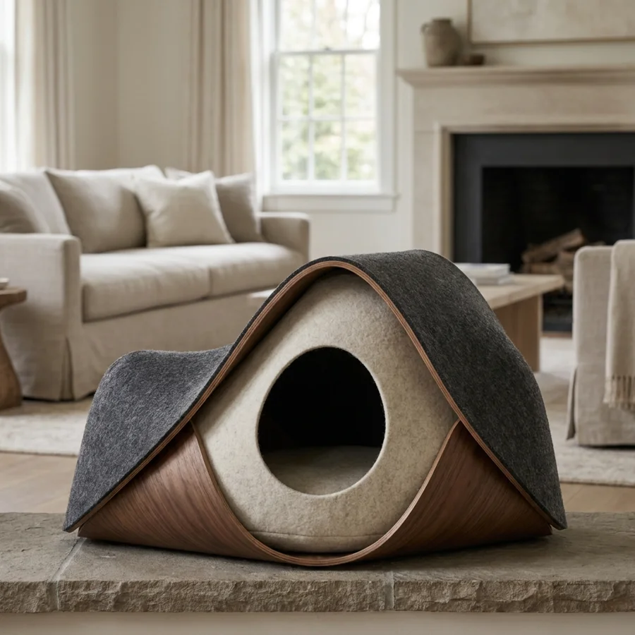 Designer-Katzenhöhle aus Filz und Holz im Wohnzimmer