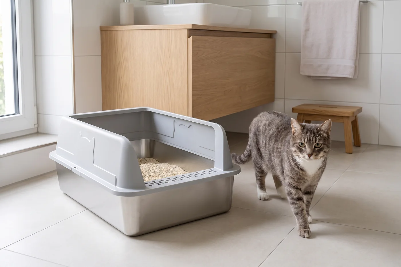TruePet SteelBox Edelstahl-Katzenklo im Badezimmer neben dem Waschtisch, Katze läuft vorbei